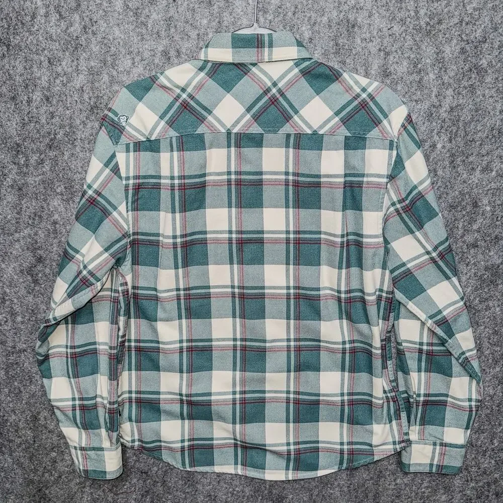 Howler Brothers Mens S Harkers Flannel Shirt Elbow Patches Green Cream Plaid